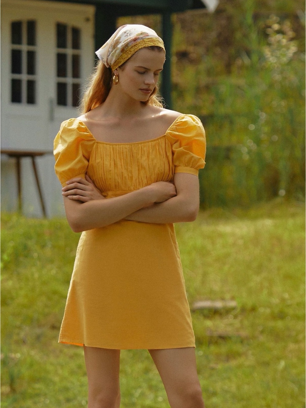 Yellow Puff-Sleeve Mini Dress with Square Neckline